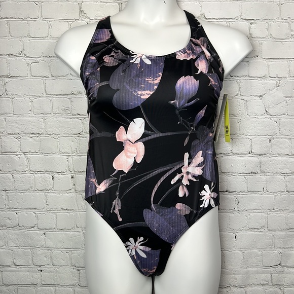 14W 20W 24W All in Motion Black & Purple Floral One Piece Swimsuit Plus Size - Picture 2 of 3